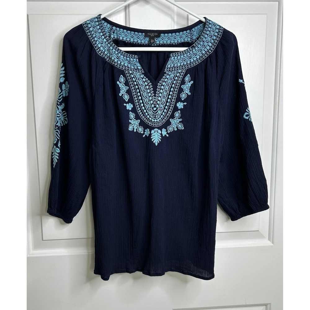 Talbots Gauzy Blouse Womens XLP Petite Cotton Navy Blue Aqua Embroidery Romantic